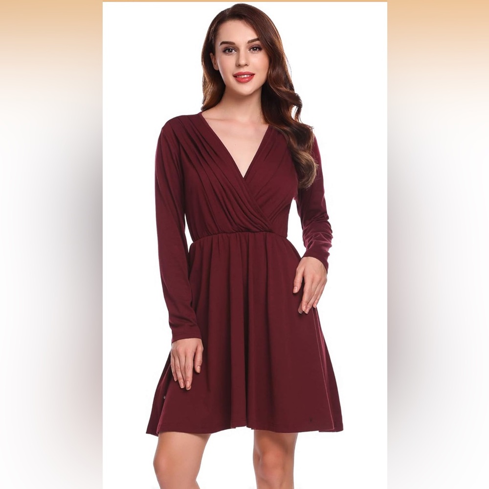 Long Sleeve V-Neck Burgundy Dress